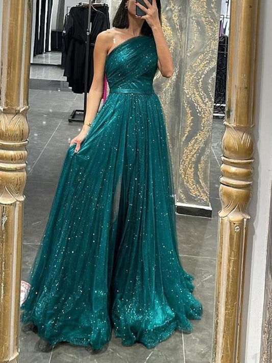 A-Line/Princess One-Shoulder Long Prom Dresses With Sequins Sparkly Evening Dresses