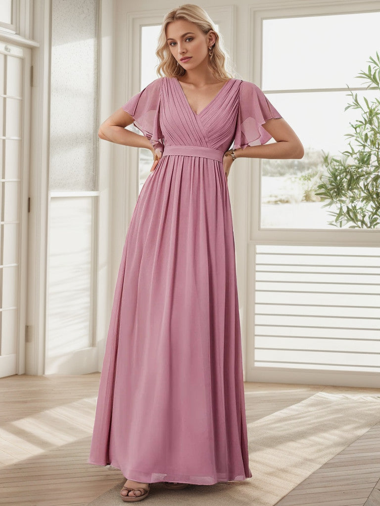 A-Line Pleated Chiffon Tie-Waist Evening Dress V-neck Party Dress