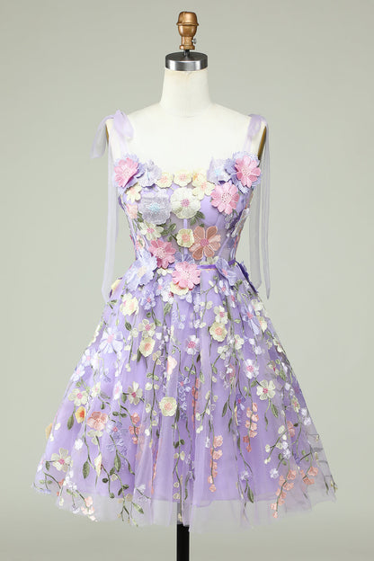 Purple A Line Spaghetti Straps Corset Homecoming Dress with 3D Flowers Beautiful