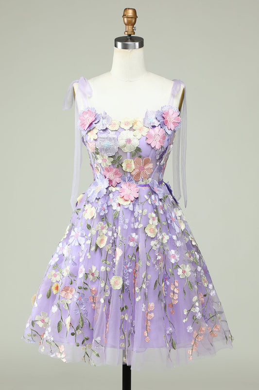 Purple A Line Spaghetti Straps Corset Homecoming Dress with 3D Flowers Beautiful
