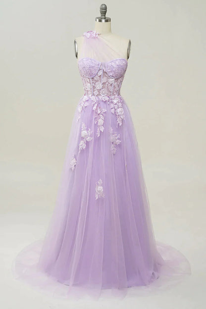 A-Line Tulle One Shoulder Long Prom Dress with Appliques Sexy