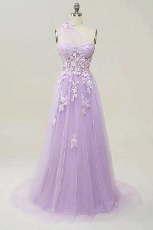 Elegant A Line One Shoulder Purple Long Prom Dress with Appliques Beautiful