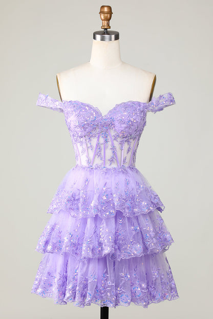 Princess A Line Corset Tiered Purple Short Homecoming Dress with Lace Off Shoulder