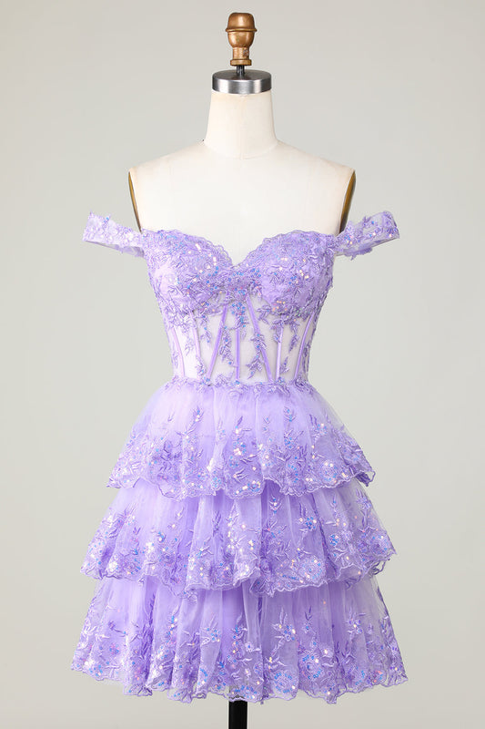Princess A Line Corset Tiered Purple Short Homecoming Dress with Lace Off Shoulder