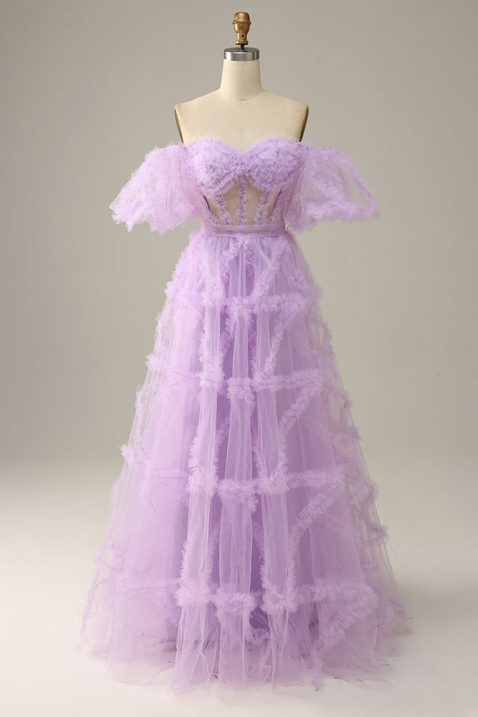 Purple Tulle Off The Shoulder Prom Dress Long Sexy