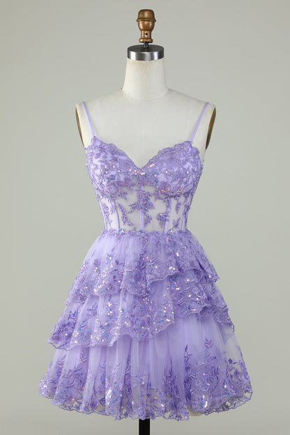 Cute Black A Line Sparkly Sequin Tiered Corset Short Homecoming Dress Beautiful