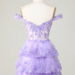 Princess A Line Corset Tiered Purple Short Homecoming Dress with Lace Off Shoulder