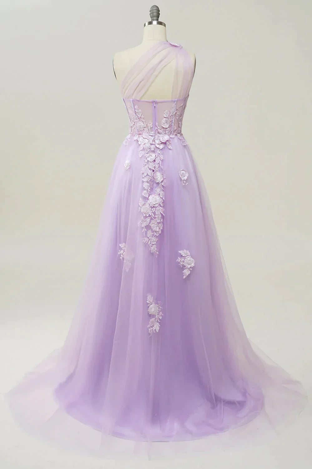 A-Line Tulle One Shoulder Long Prom Dress with Appliques Sexy