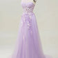 Elegant A Line One Shoulder Purple Long Prom Dress with Appliques Beautiful