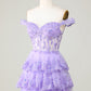 Princess A Line Corset Tiered Purple Short Homecoming Dress with Lace Off Shoulder