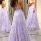 Elegant Purple A Line Tulle Long Beaded Prom Dress With Appliques Beautiful