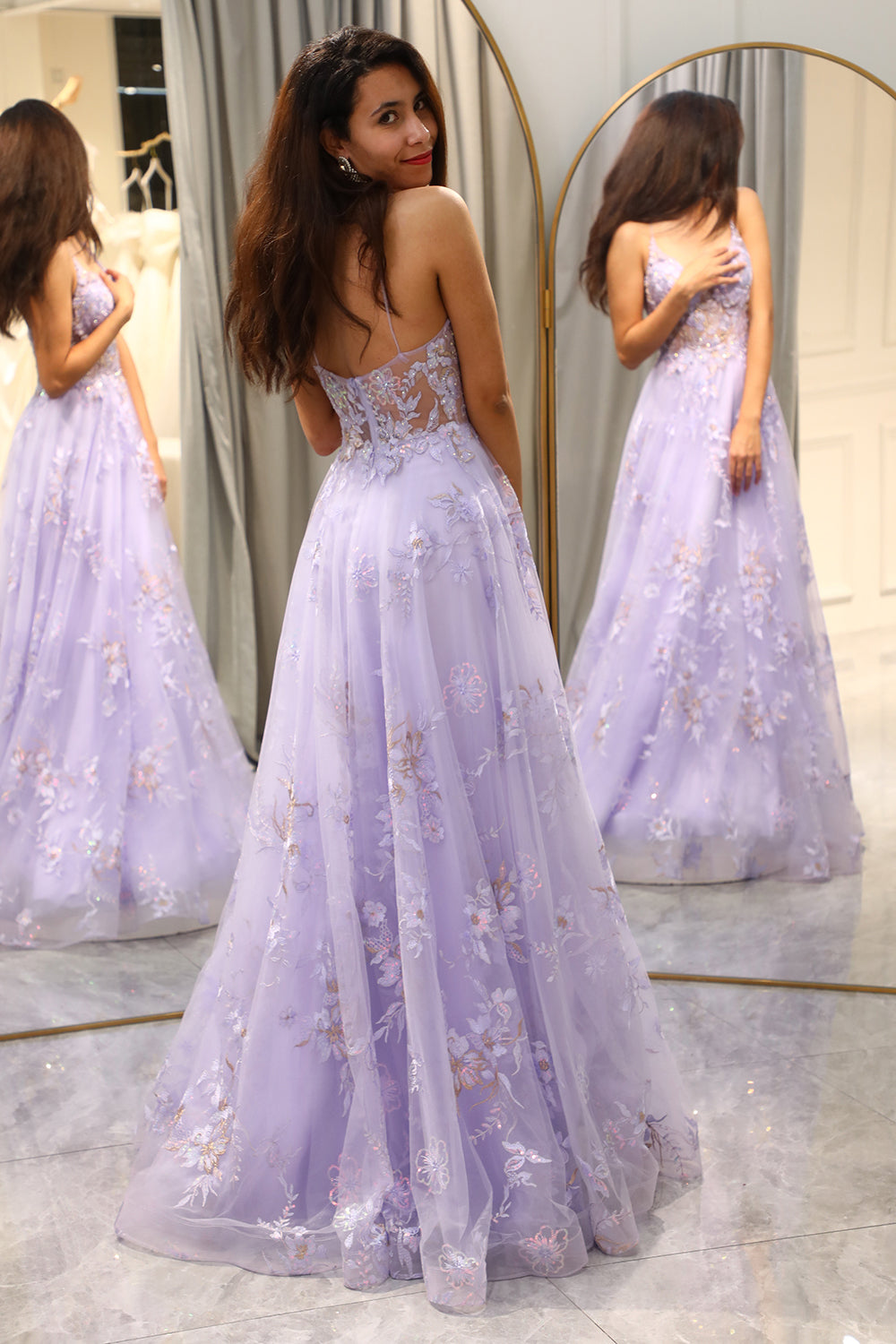 Elegant Purple A Line Tulle Long Beaded Prom Dress With Appliques Beautiful