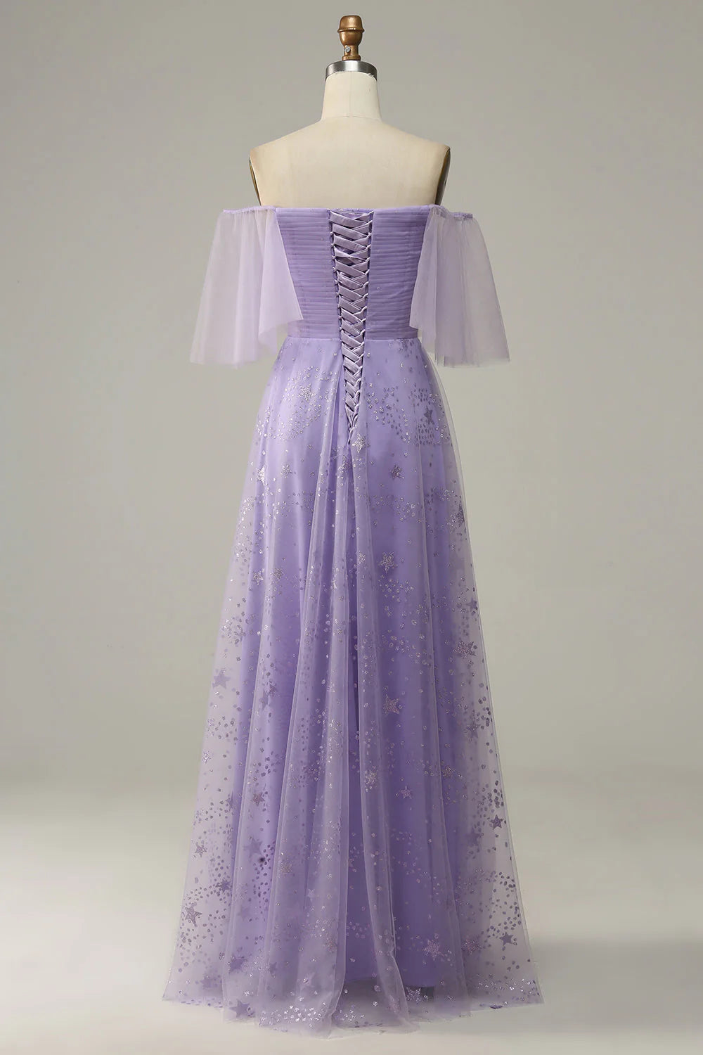 Off Shoulder Prom Dress with Ruffles Purple Sparkly Beautiful