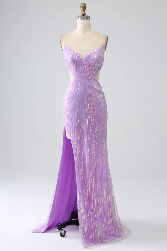 Mermaid Spaghetti Straps Sequins Prom Dress with Slit V-neck Sexy