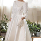 A-Line Wedding Dresses Jewel Neck Tea Length Satin Half Sleeve Simple Vintage Little White Dress with Buttons