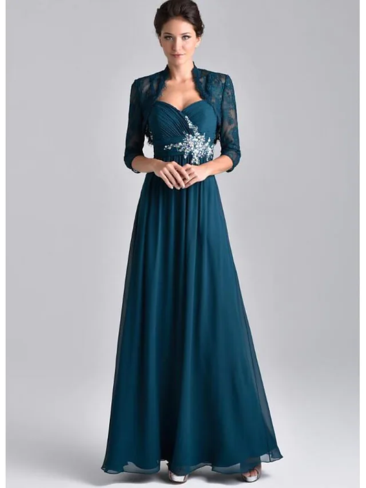 Two Piece A-Line Mother of the Bride Dress Elegant Spaghetti Strap Floor Length Chiffon Lace 3/4 Length Sleeve