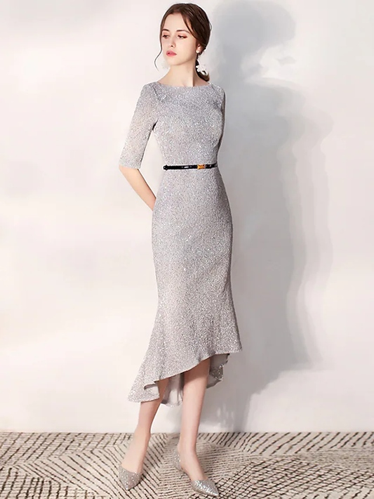 Glittering Elegant Homecoming Cocktail Party Dress Jewel Neck Long Sleeve Tea Length Sequined with Sash Ribbon Sequin
