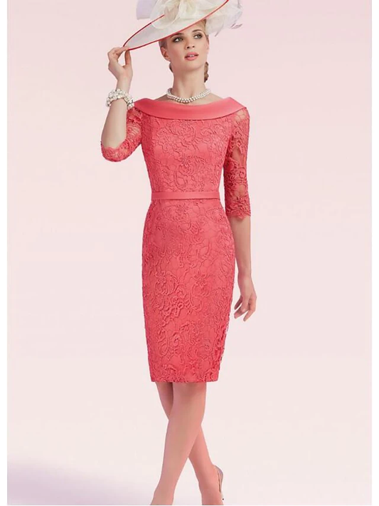 Mother of the Bride Dress Plus Size Bateau Neck Knee Length Lace Satin Half Sleeve with Sash Ribbon Bow(s) Split