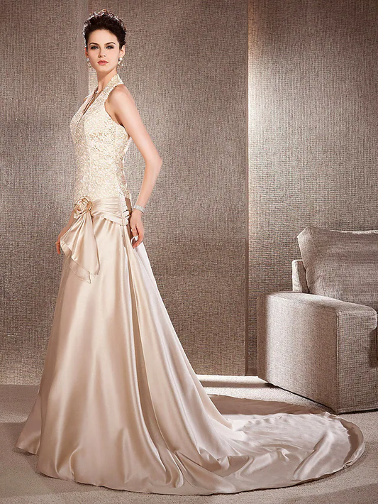 Princess A-Line Wedding Dresses V Neck Chapel Train Lace Satin Sleeveless Wedding Dress in Color with Lace Flower