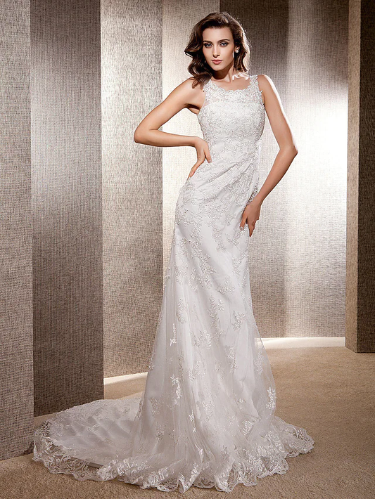 Wedding Dresses Scoop Neck Lace Tulle Sleeveless Long