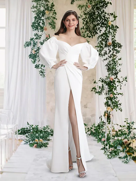 Wedding Dresses Off Shoulder Stretch Fabric Half Sleeve Simple with Split Front Pure Color