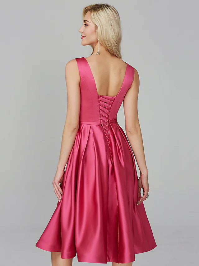 A-Line Minimalist Elegant Cocktail Party Prom Valentine's Day Dress V Wire Sleeveless Knee Length Satin with Sash