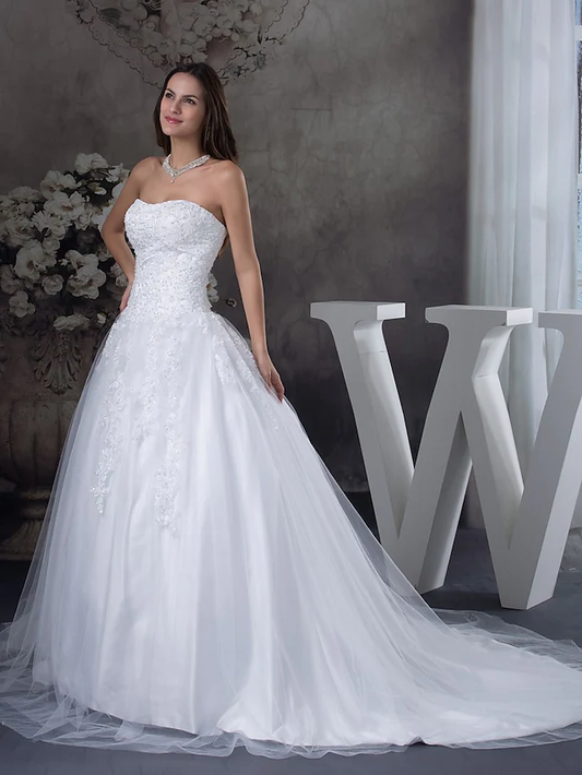 A-Line Wedding Dresses Strapless Court Train Lace Tulle Strapless with Beading