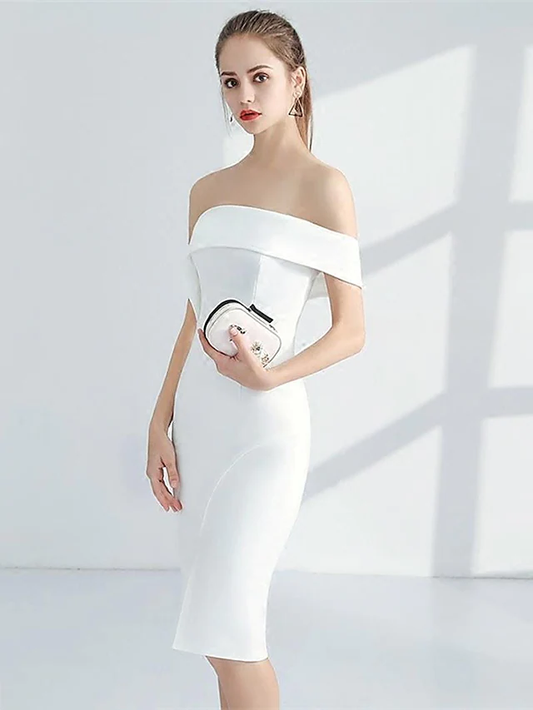 Minimalist Elegant Engagement Cocktail Party Dress Strapless Sleeveless Knee Length Stretch Fabric with Sleek