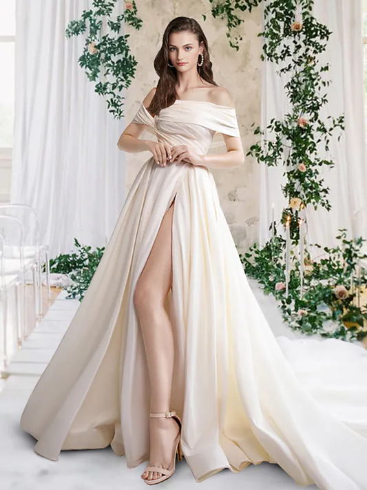 A-Line Wedding Dresses Off Shoulder Court Train Taffeta Sleeveless Simple Luxurious with Pleats Ruched Split
