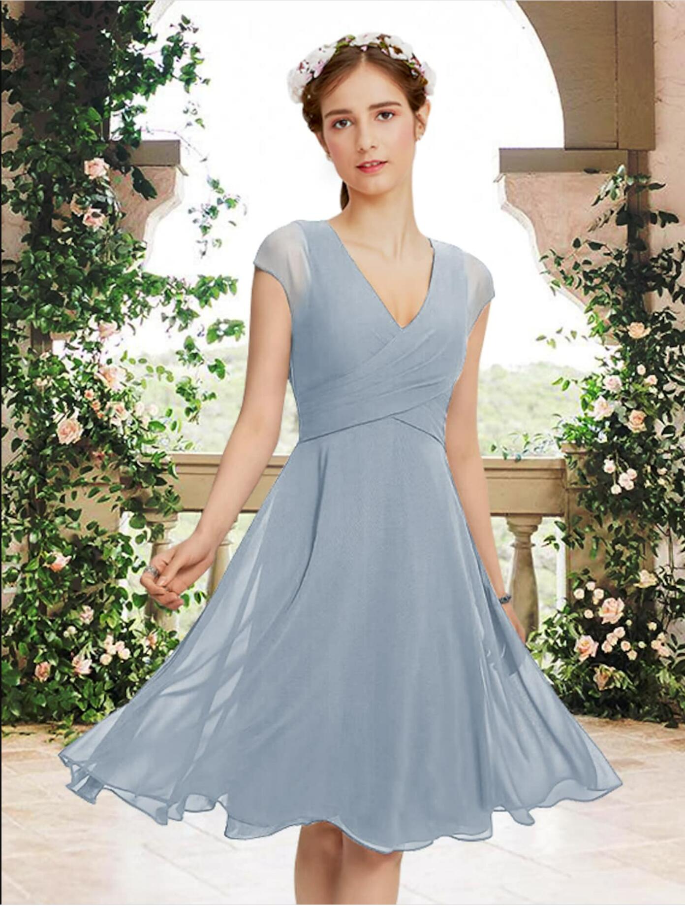 A-Line Bridesmaid Dress V Neck Short Sleeve Elegant Knee Length Chiffon with Pleats Ruching Pure Color