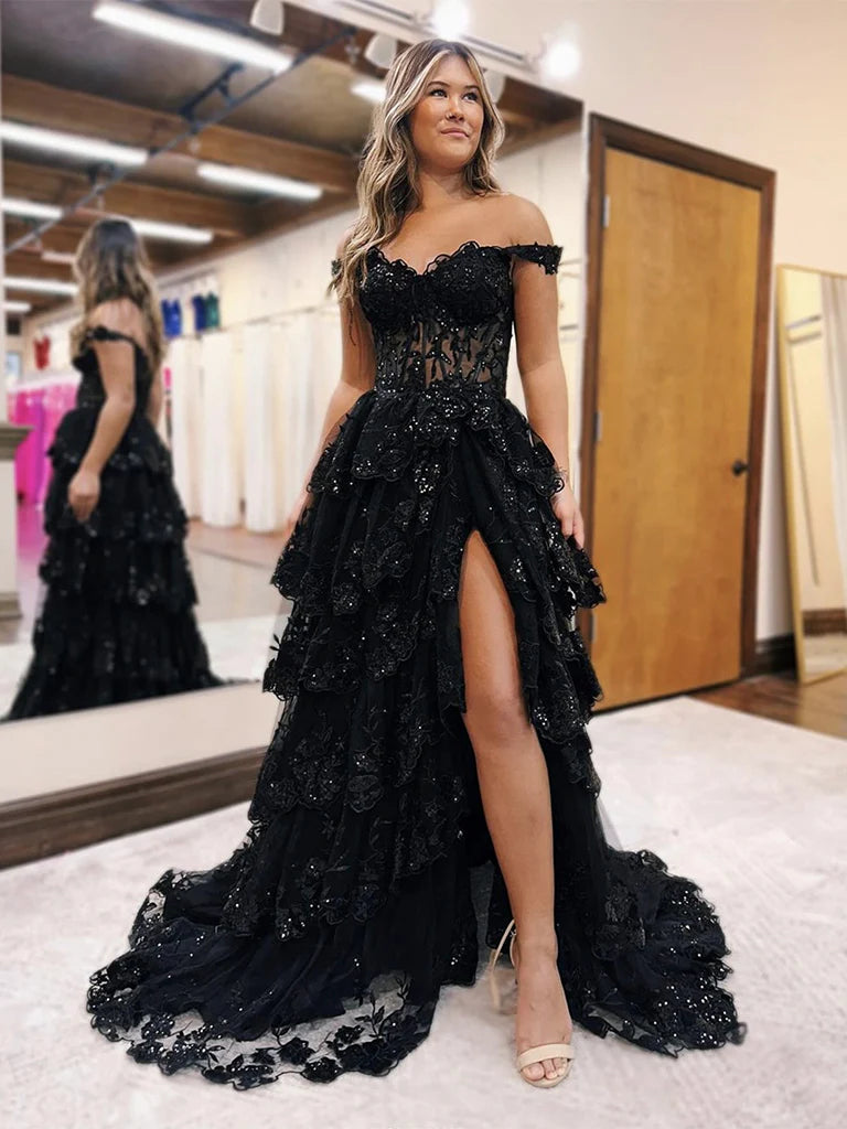 A-Line Sweetheart Neck Tulle Sequin Lace Long Prom Dress Sparkly 