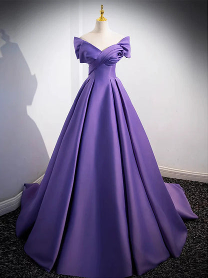 Simple Off Shoulder Satin Long Prom Dress Pure Color