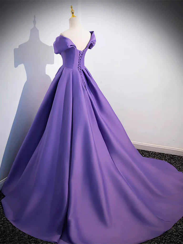 Simple Off Shoulder Satin Long Prom Dress Pure Color