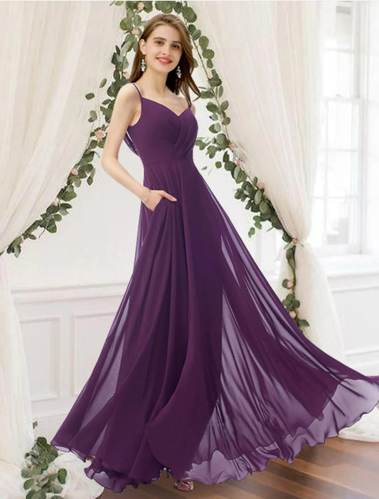 A-Line Bridesmaid Dress V Neck Sleeveless Elegant Floor Length Chiffon with Pleats Pure Color