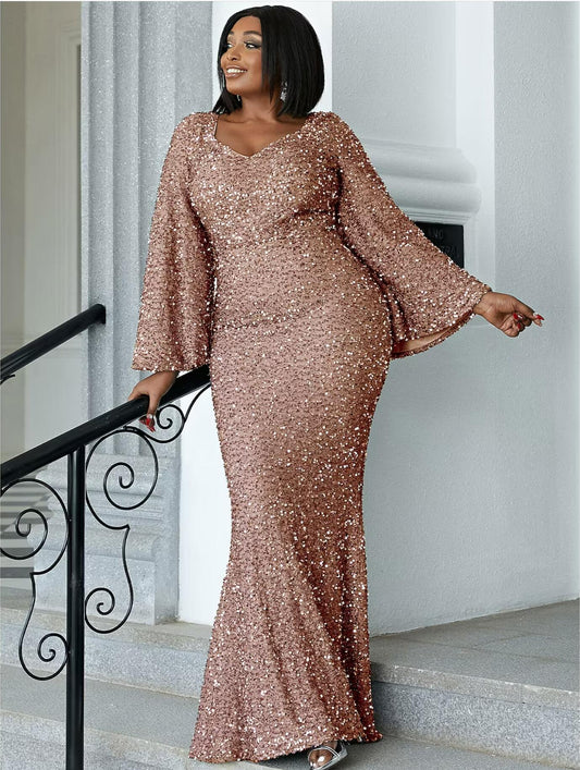 Wedding Guest Dresses Plus Size Dress Cocktail Party Floor Length Long Sleeve Scoop Neck Sequined