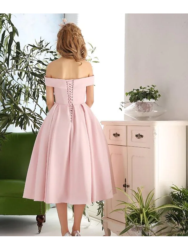 A-Line Elegant Vintage Engagement Cocktail Party Dress Off Shoulder Sleeveless Tea Length Stretch Fabric