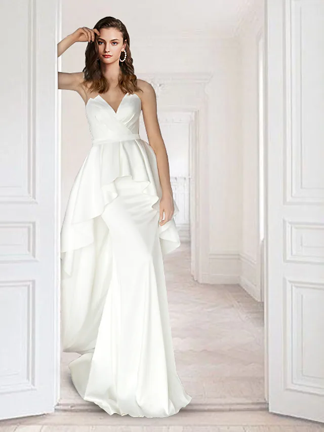 Wedding Dresses V Neck Court Train Detachable Satin Sleeveless Simple