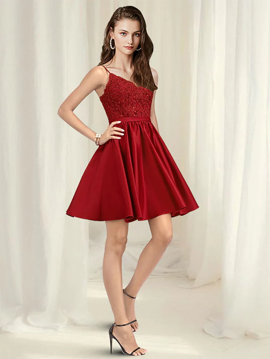A-Line Minimalist Sexy Homecoming Party Wear Dress V Neck Spaghetti Strap Sleeveless Short Mini Lace Satin
