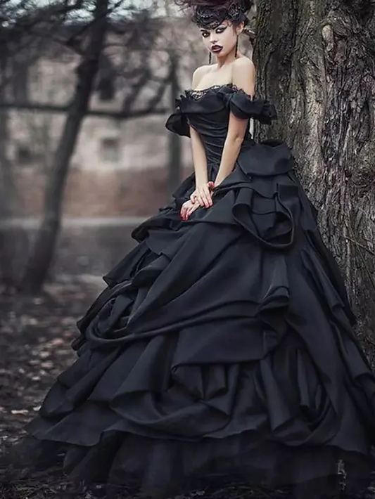 Ball Gown Wedding Dresses Off Shoulder Court Train Lace Tulle Short Sleeve Sexy Black Modern with Lace Cascading