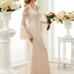 Wedding Dresses Plunging Neck Sheer Lace Long Sleeve Wedding Dress in Color Open Back Floral Lace with Bow(s)