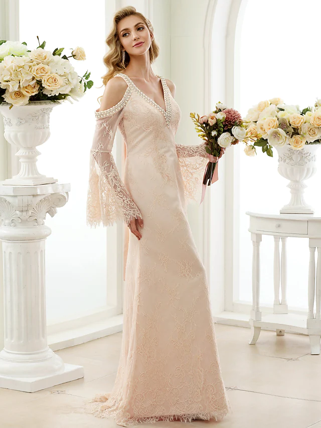 Wedding Dresses Plunging Neck Sheer Lace Long Sleeve Wedding Dress in Color Open Back Floral Lace with Bow(s)
