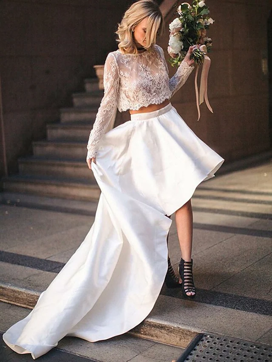 Two Piece Wedding Dresses Jewel Neck Court Train Asymmetrical Lace Satin Long Sleeve Beach Cute with Pleats