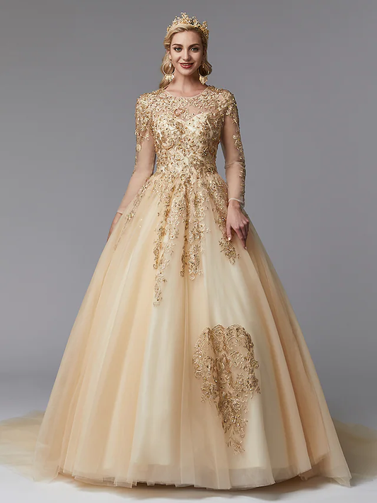 Ball Gown Wedding Dresses Jewel Neck Lace Tulle Long Sleeve Glamorous See-Through Backless Modern with Beading