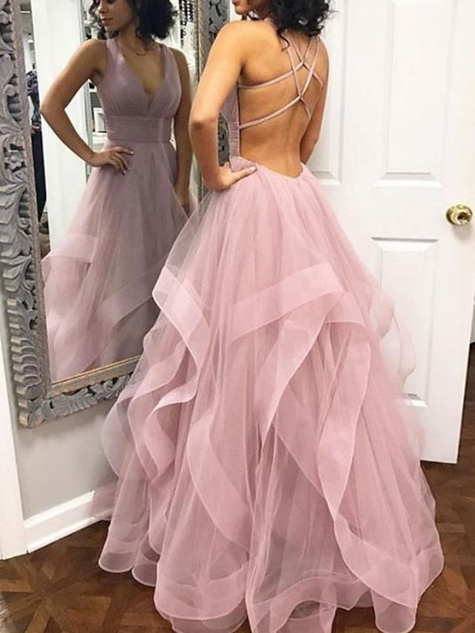 A-Line/Princess V-Neck Floor-Length Prom Dresses Sexy Evening Dresses