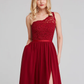 A-Line One Shoulder Long Length Chiffon Lace Bridesmaid Dress with Sash Ribbon Sexy