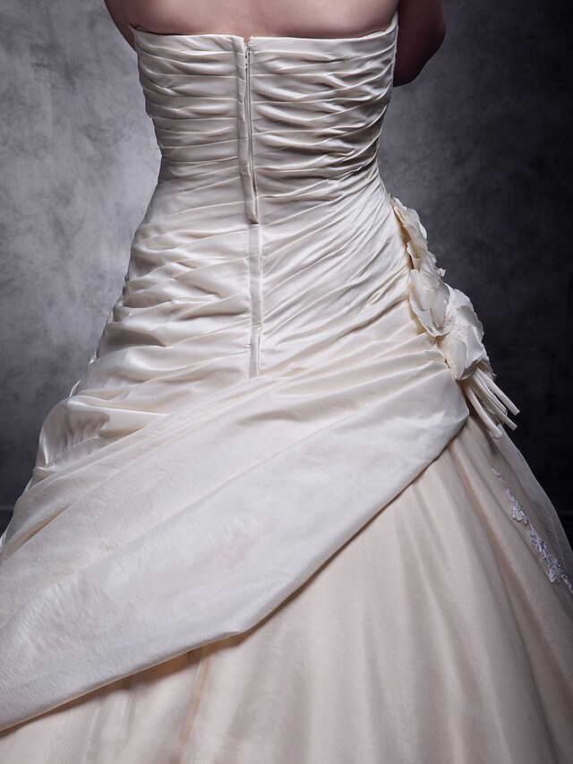 A-Line Wedding Dresses Strapless Cathedral Train Taffeta Beaded Lace Strapless Glamorous Plus Size with Beading Lace Insert
