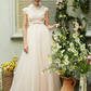 A-Line Wedding Dresses High Neck Sweep Brush Train Tulle Short Sleeve Open Back with Bowknot Sash Ribbon