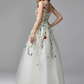 A-Line White Floral Quinceanera Formal Evening Valentine's Day Dress V Neck Sleeveless Floor Length Lace Tulle with Embroidery