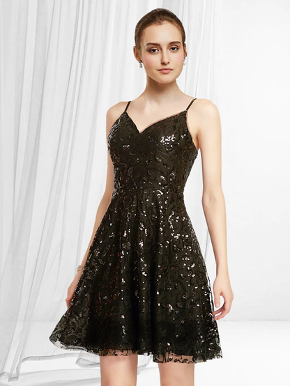 A-Line Glittering Sexy Homecoming Party Wear Dress V Neck Sleeveless Short Mini Lace Sequined with Pleats