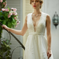 A-Line Wedding Dresses Plunging Neck Lace Over Tulle Sleeveless See-Through Beautiful Back Illusion Detail with Sash Ribbon